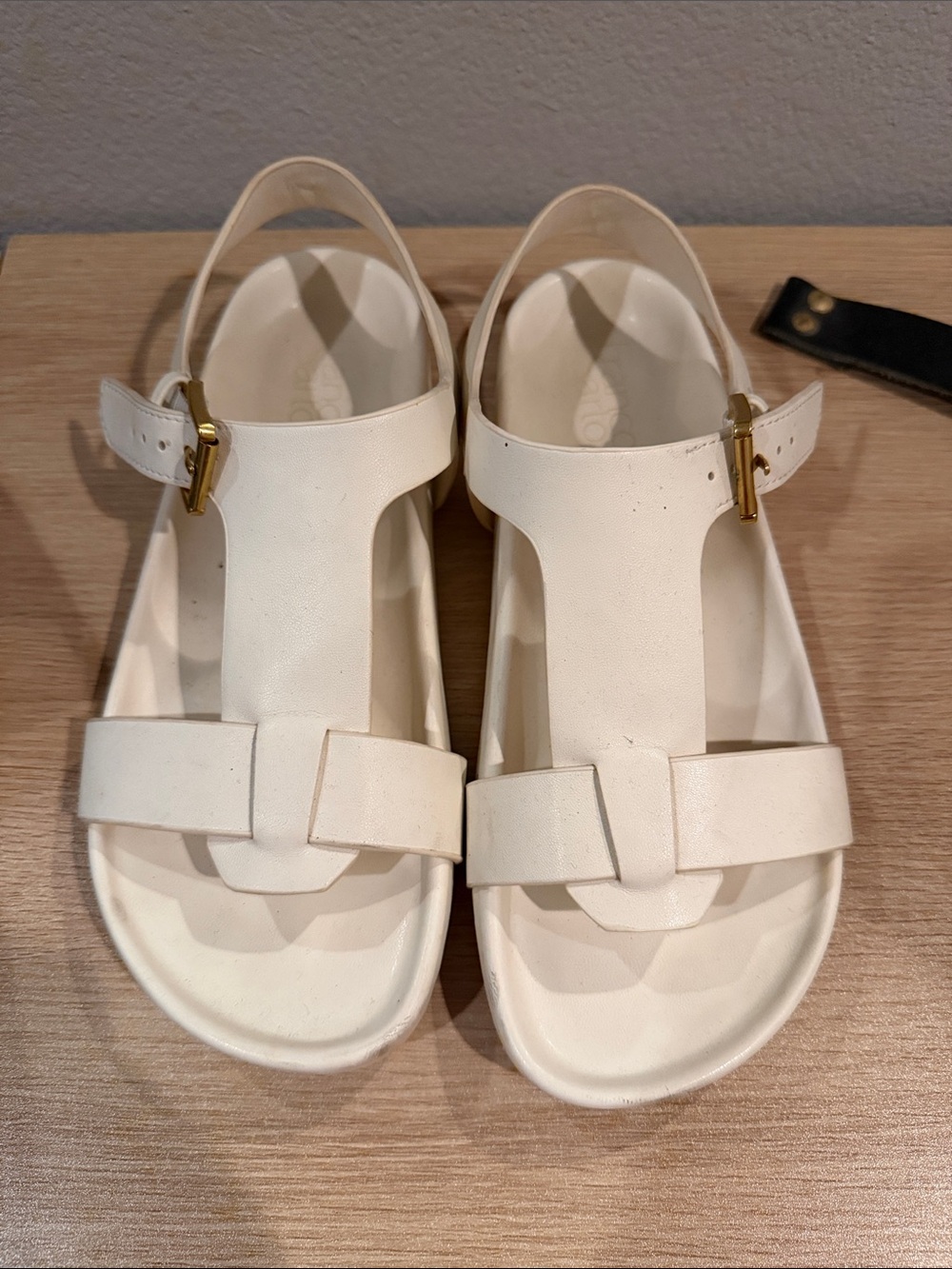 Franco Sarto White T-Strap Sandals with Gold Buckle